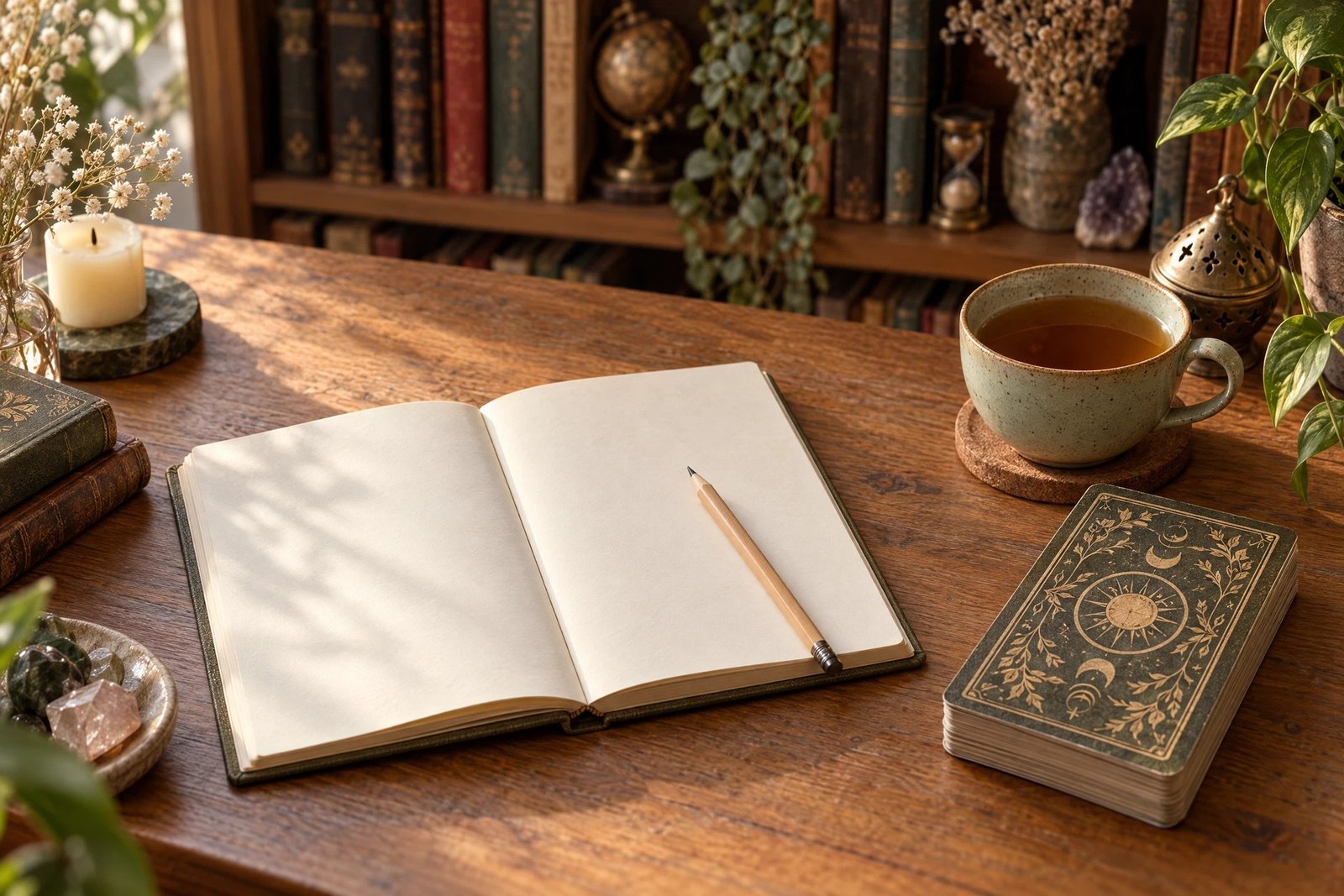 Escena conceptual de un cuaderno en blanco, lápiz, cartas y té para preparar preguntas antes de conversar