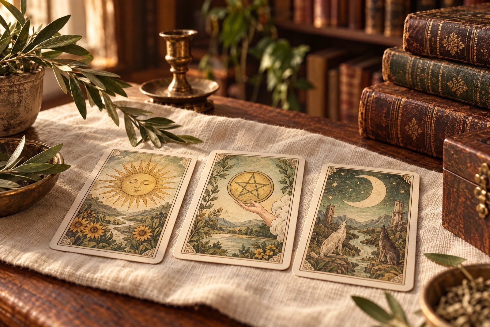 Escena conceptual de cartas simbólicas de tarot sobre una mesa con libros y una rama de olivo